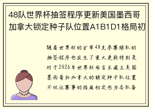 48队世界杯抽签程序更新美国墨西哥加拿大锁定种子队位置A1B1D1格局初定